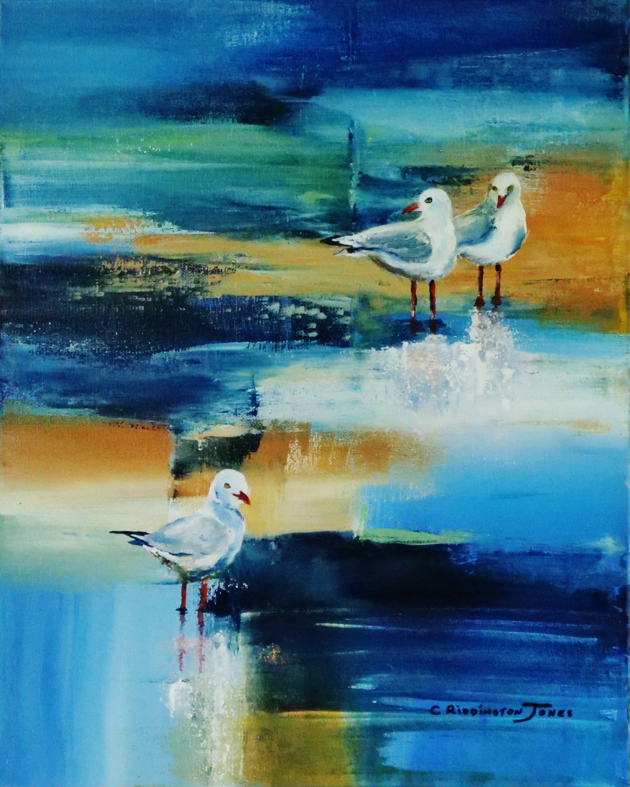 painting of seagulls on shore