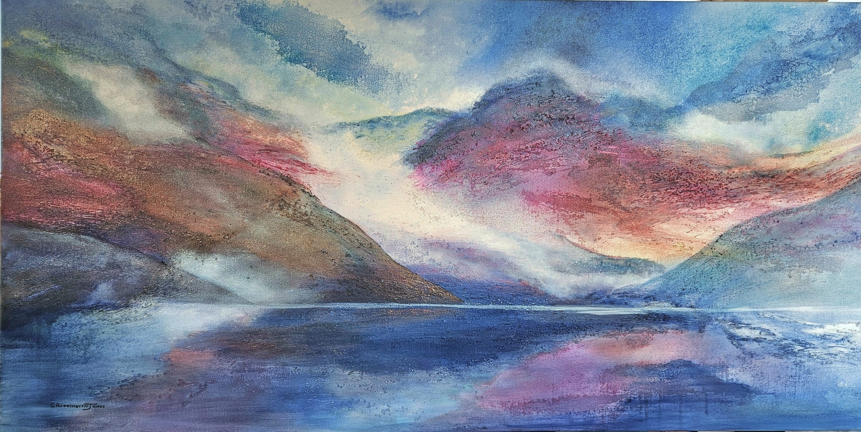 Very textured, colourful painting of mountains, misty clouds and lake reflections by Clare Riddington Jones