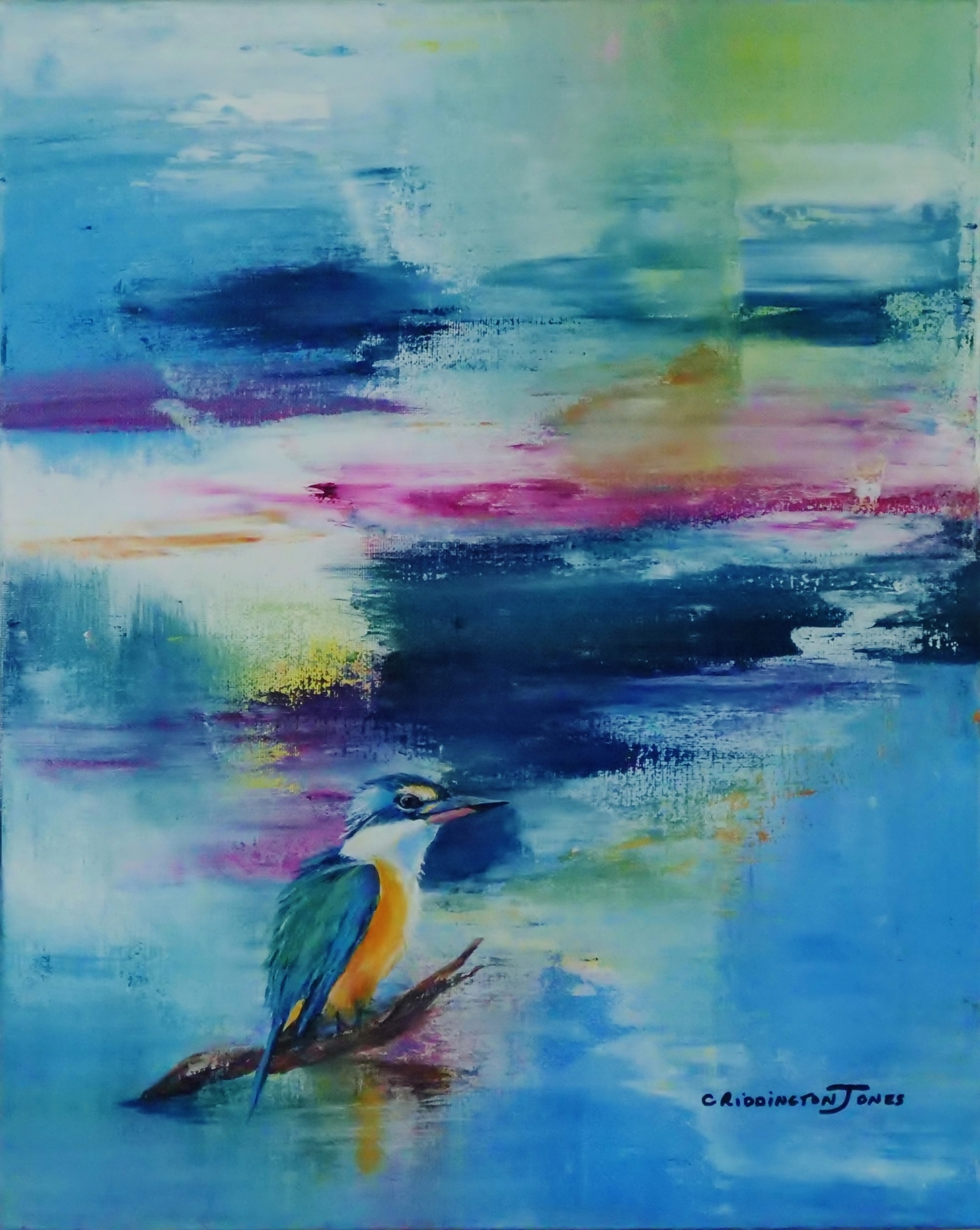 painting of a kingfisher over water
