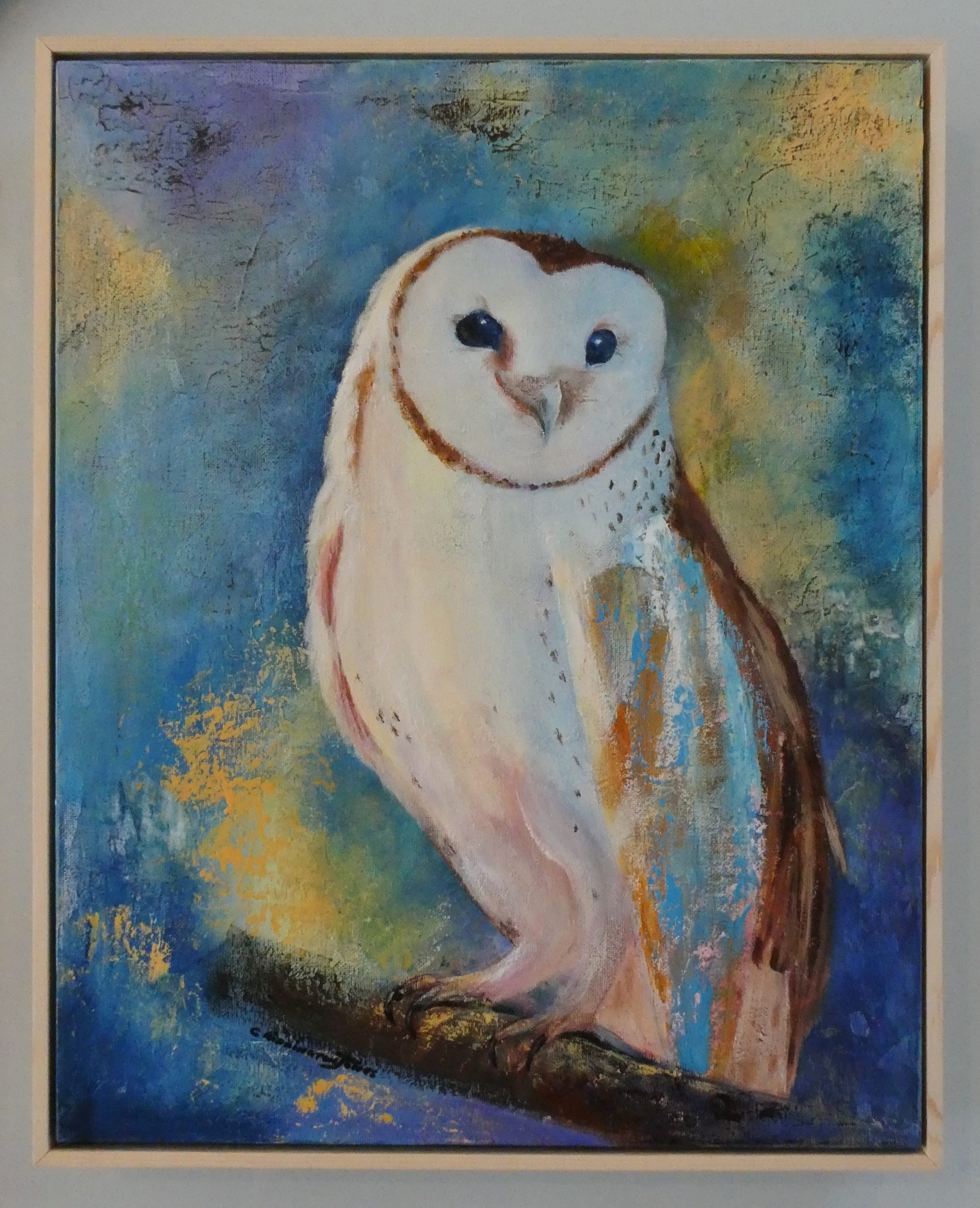 Painting of Barn Owl by Clare Riddington Jones, Acrylic on Canvas with timber frame