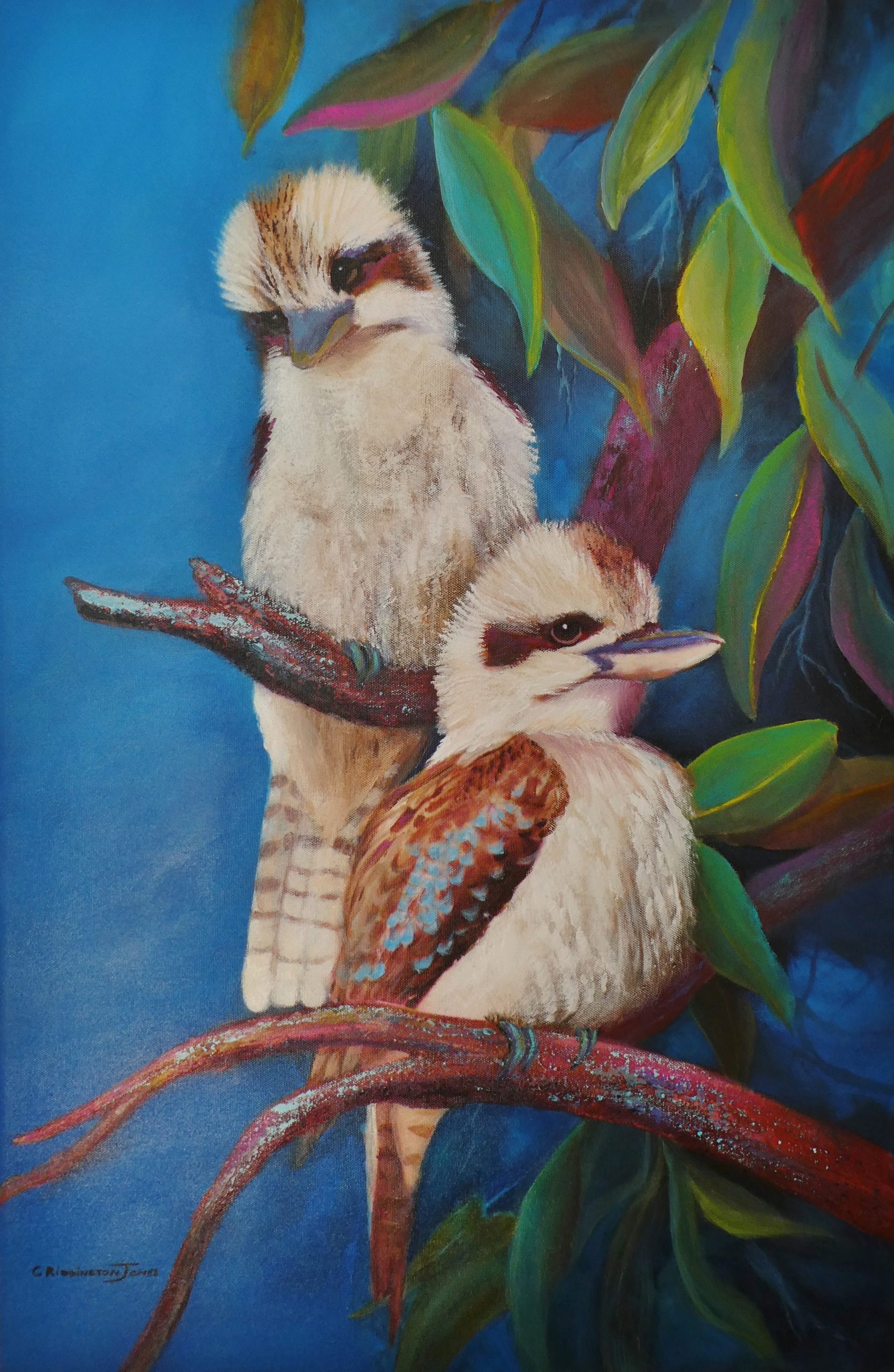 painting of two kookaburras on branches in tree