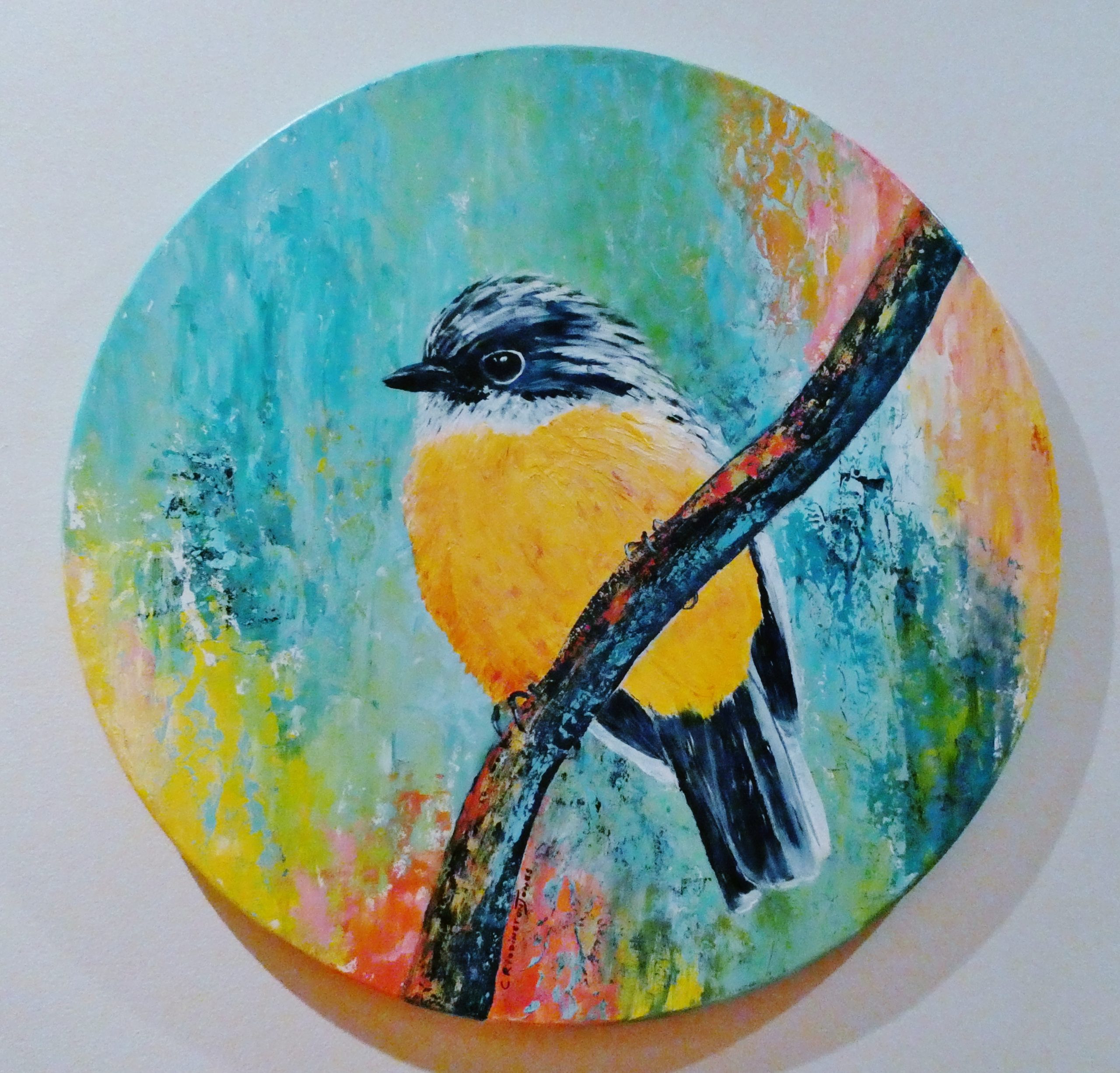 painting of a yellow robin in a highly textured style by Clare Riddington Jones
