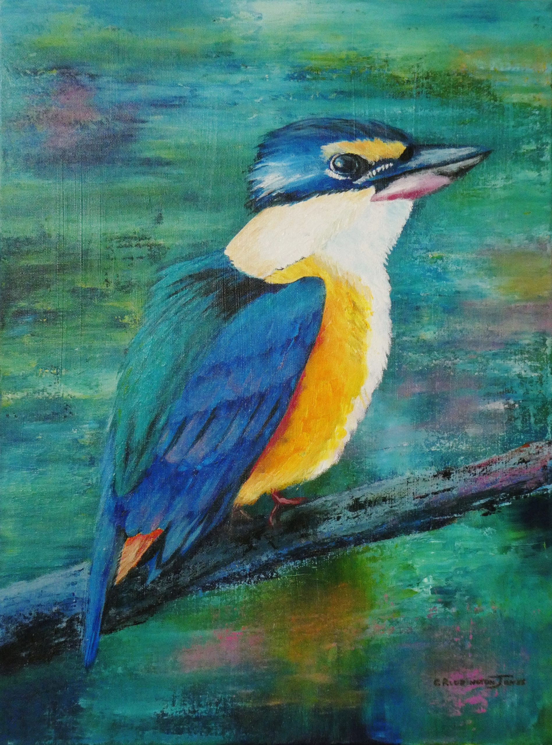 Sacred Kingfisher painting by Clare Riddington Jones, 50cm x 60cm