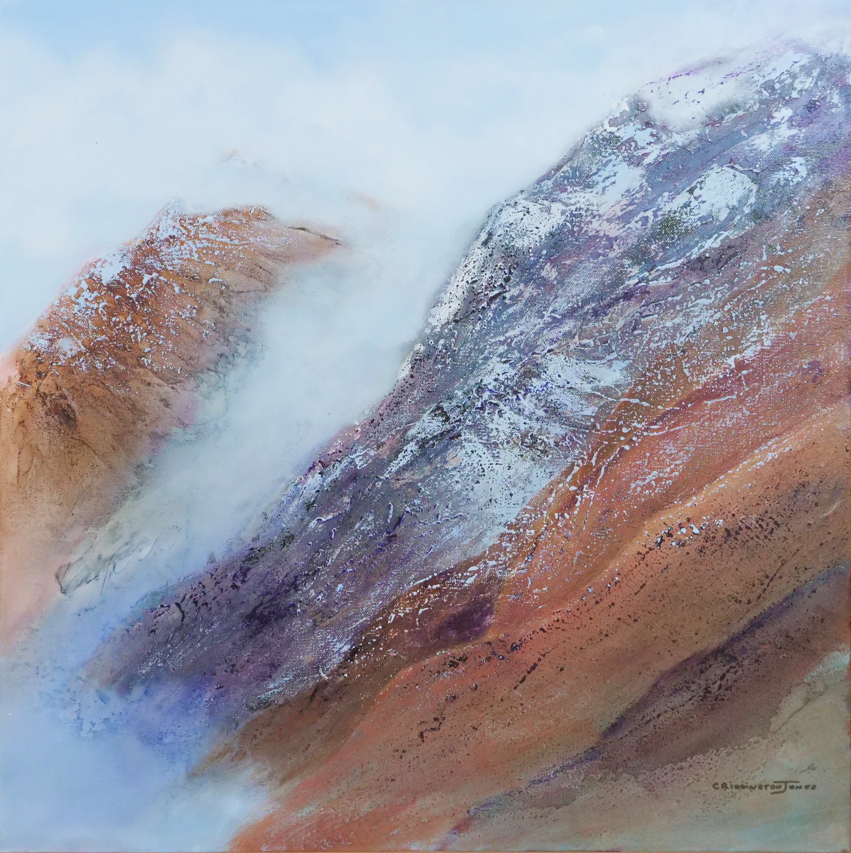 Textured Acrylic painting on canvas of mountains and clouds by Clare Riddington Jones