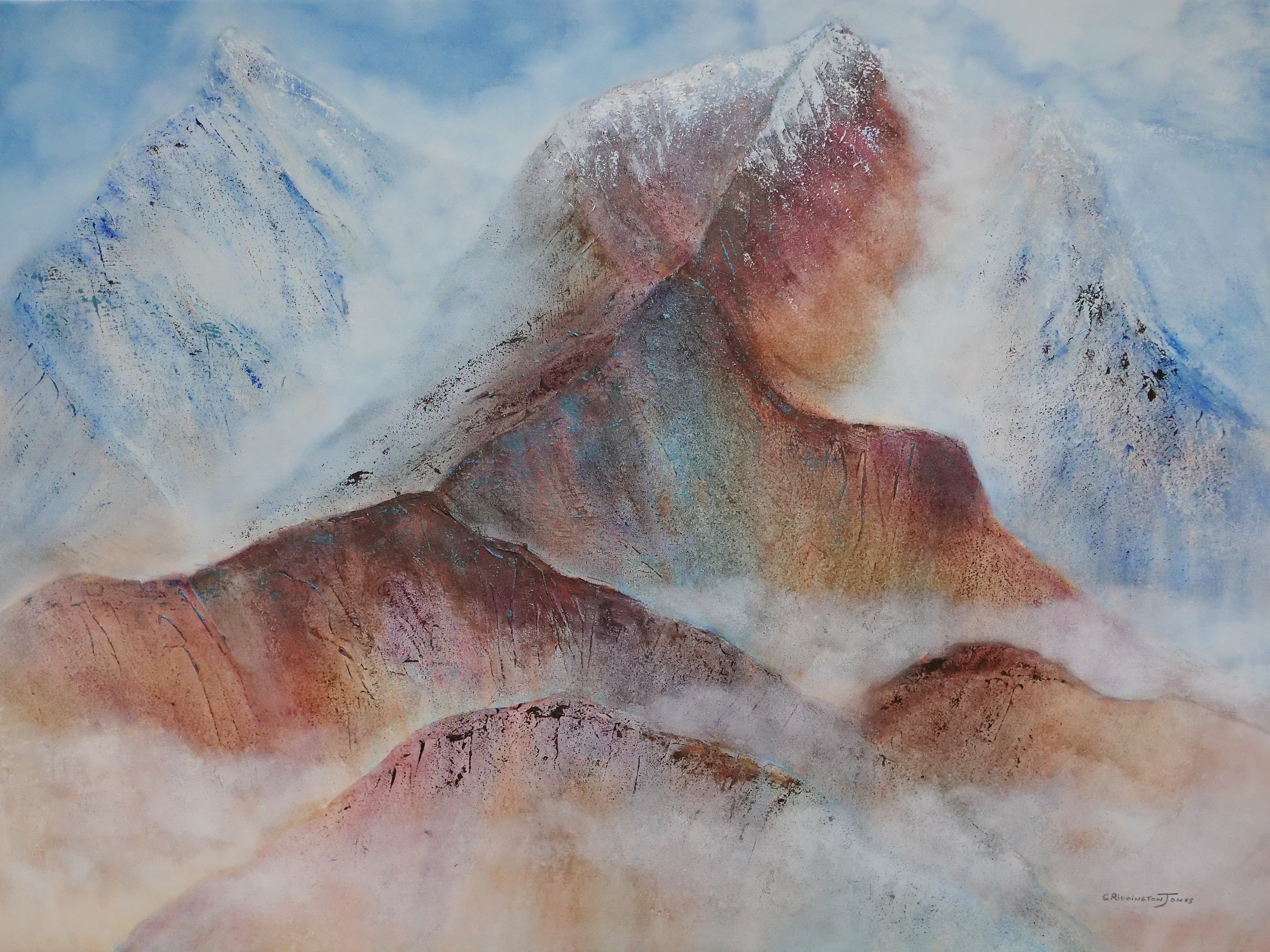 Textured Painting of Misty Mountains