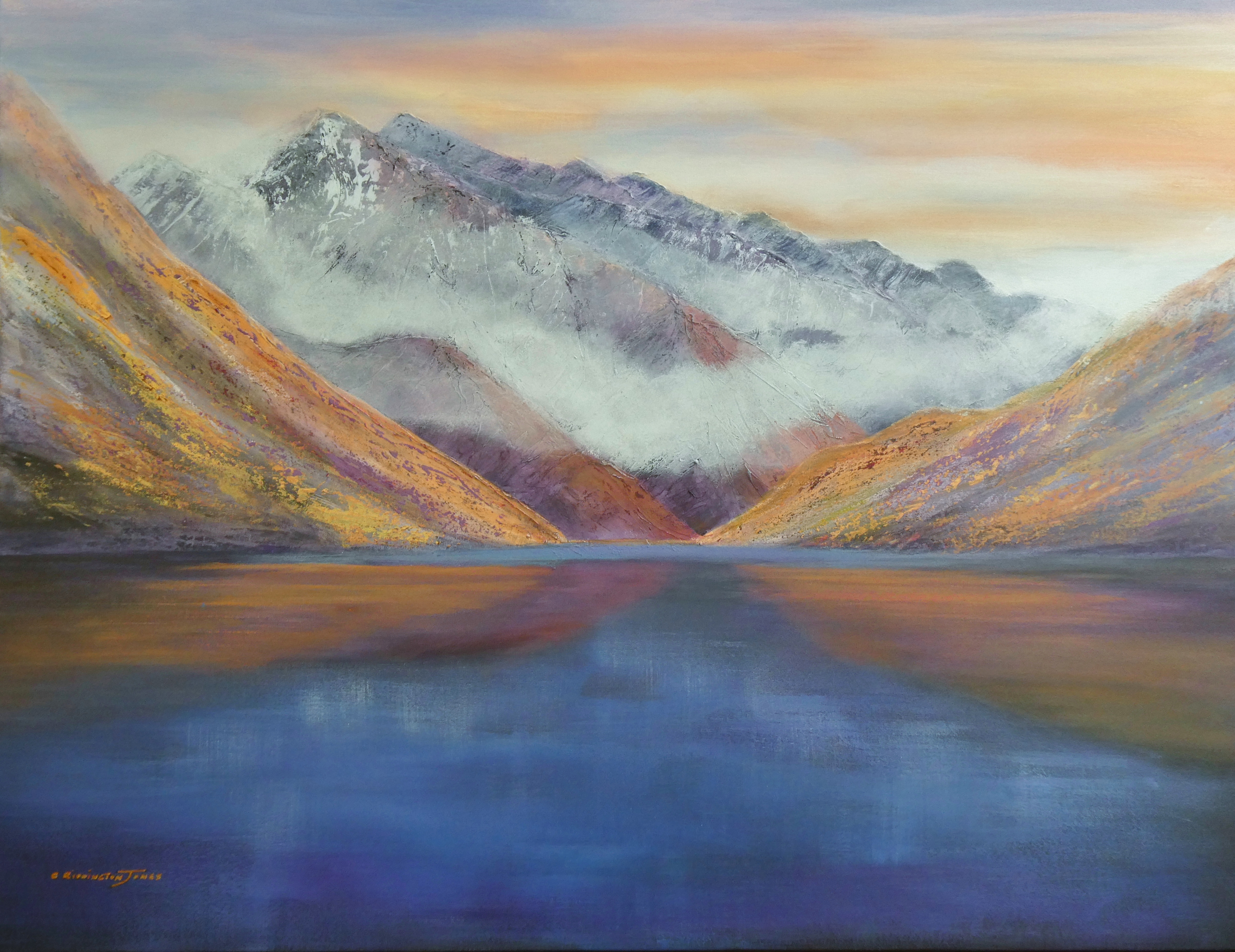 Painting of Misty Mountain and Lake by Clare Riddington Jones
