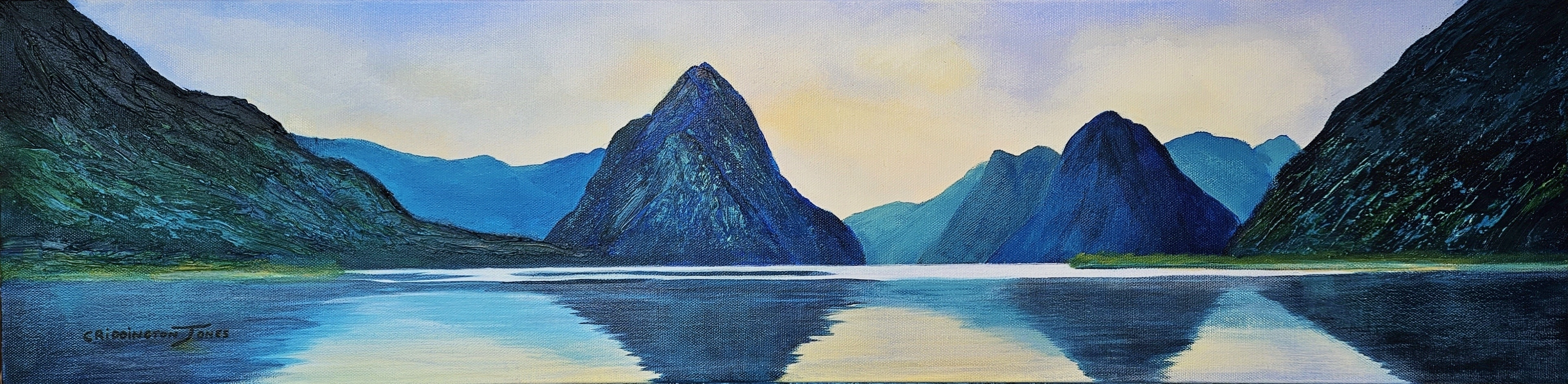 Long thin textured painting of Milford Sound by Clare Riddington Jones
