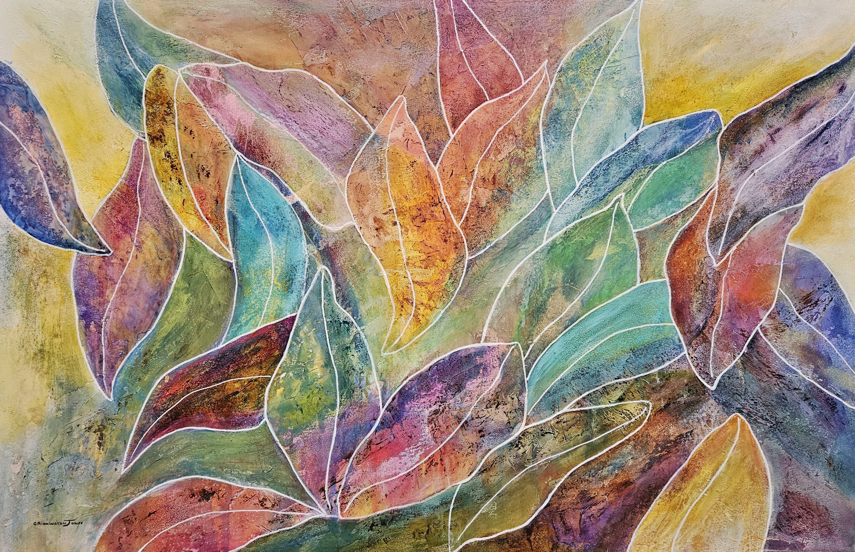 Highly textured and colourful impressionist painting of autumn leaves by Clare Riddington Jones