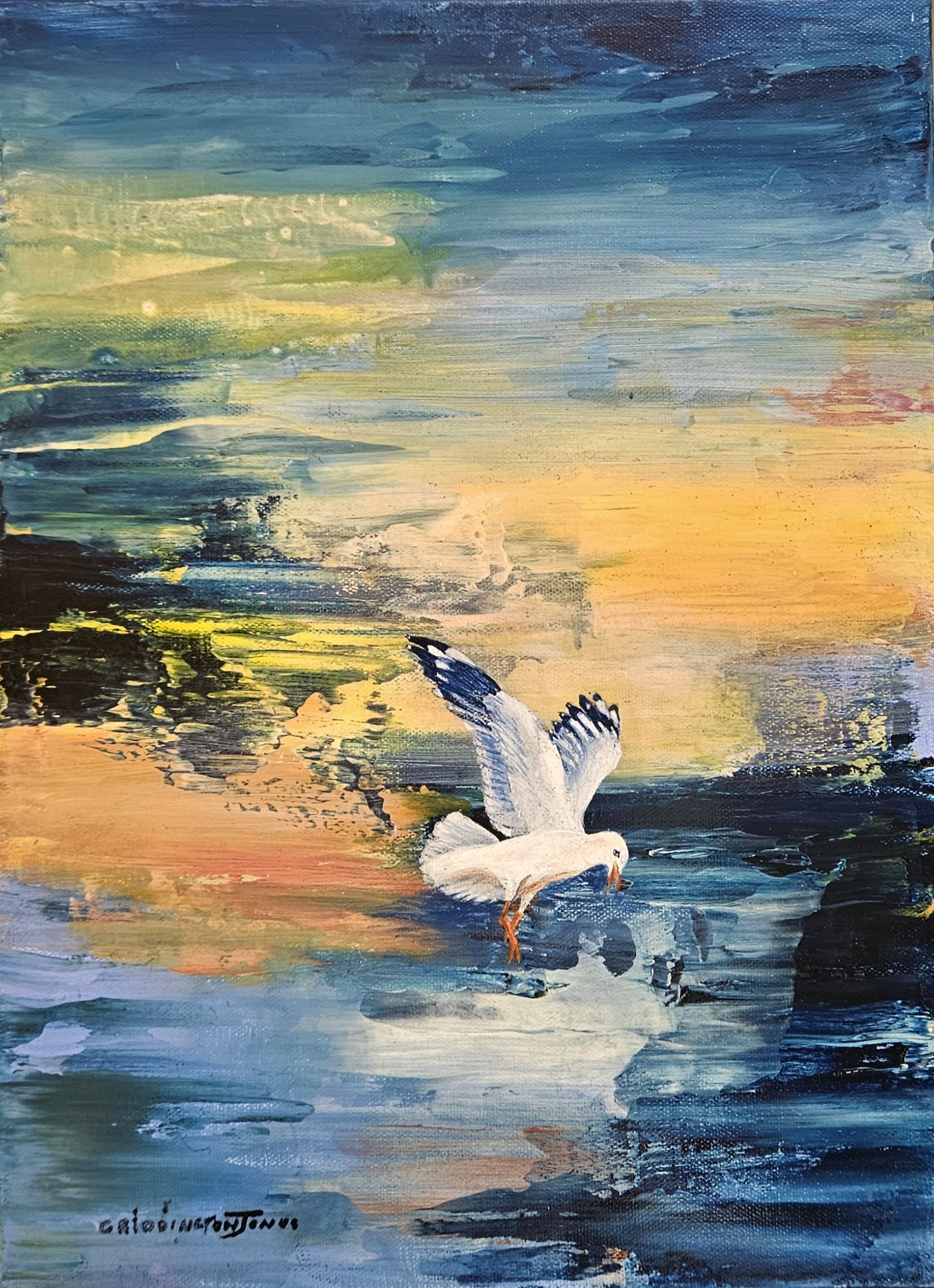 A small, colourful, abstract seascape with a seagull splashing down into the waves on the shoreline.