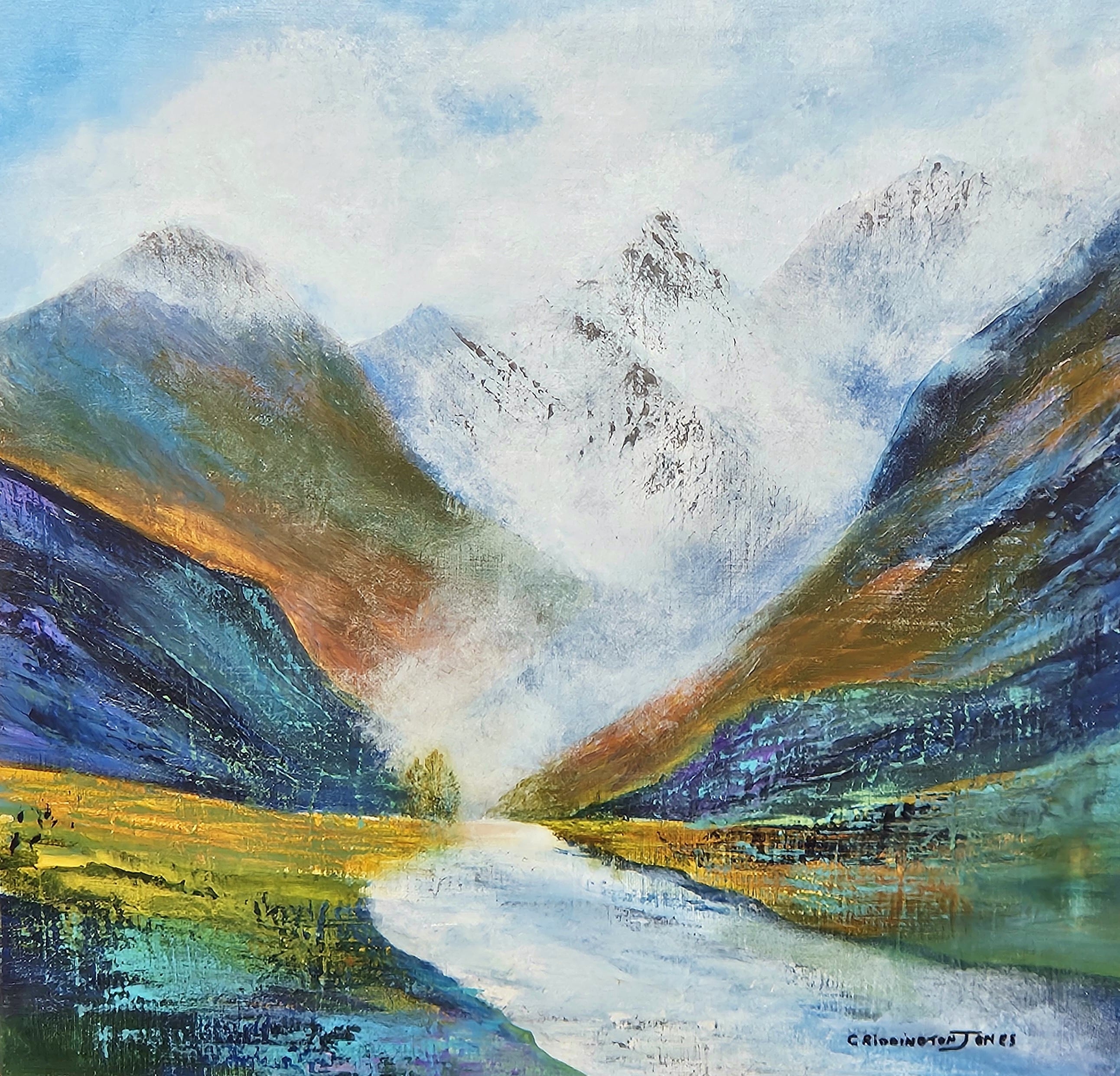 Textured painting of alpine stream and misty mountains by Clare Riddington Jones