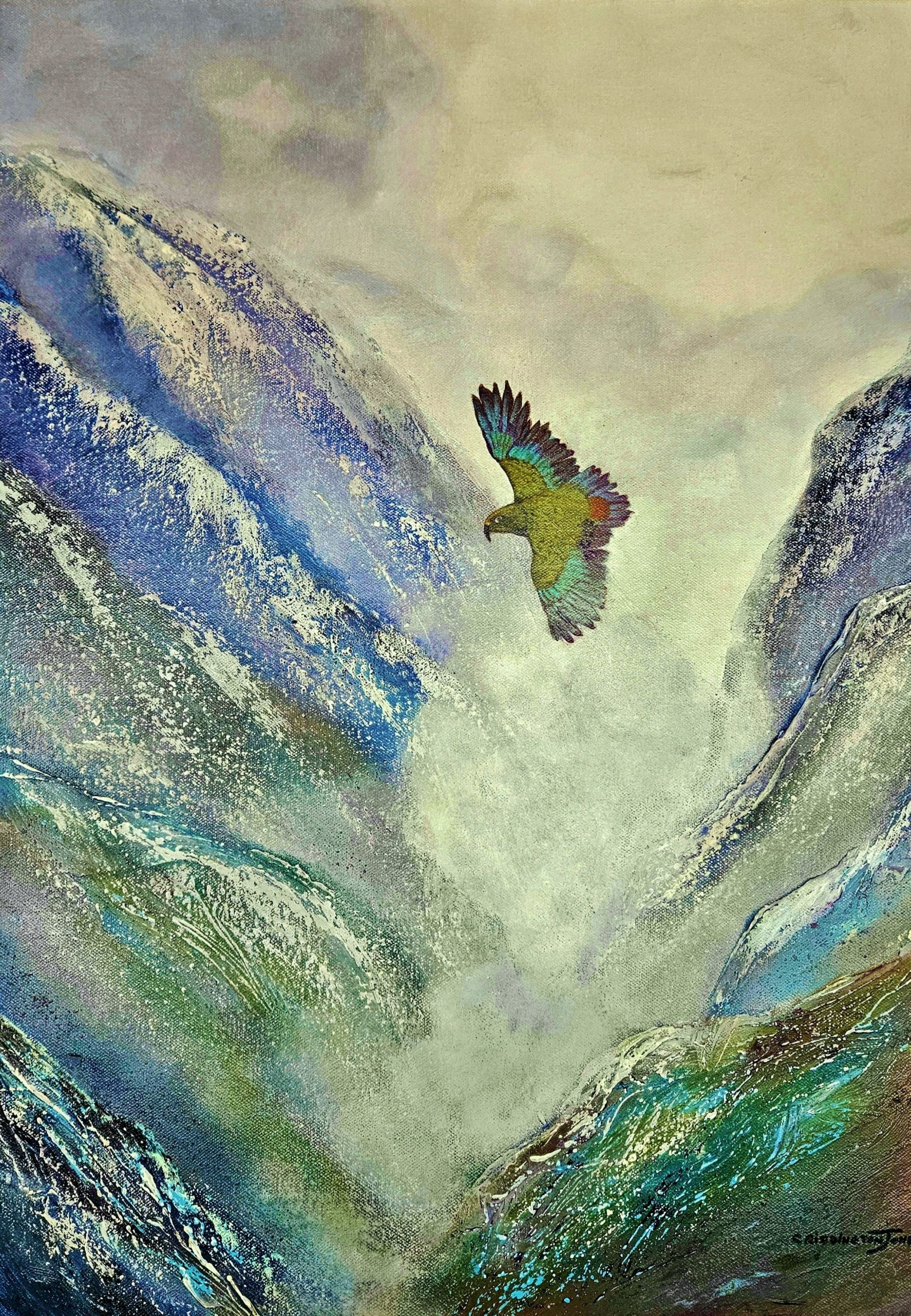 Misty Mountain painting with Alpine Parrot, Kea flying into the clouds by Clare Riddington Jones