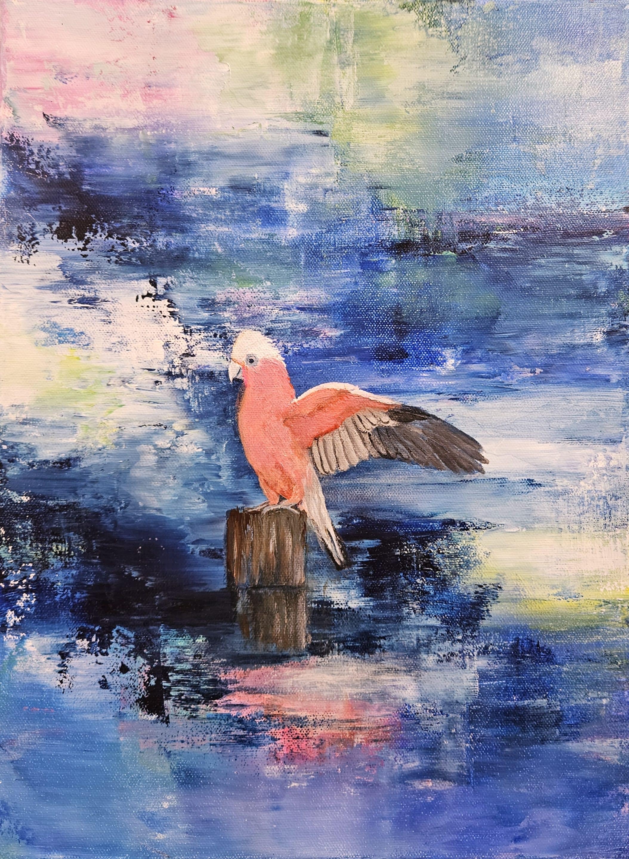 Textured semi-abstract painting of a Galah in a Billabong