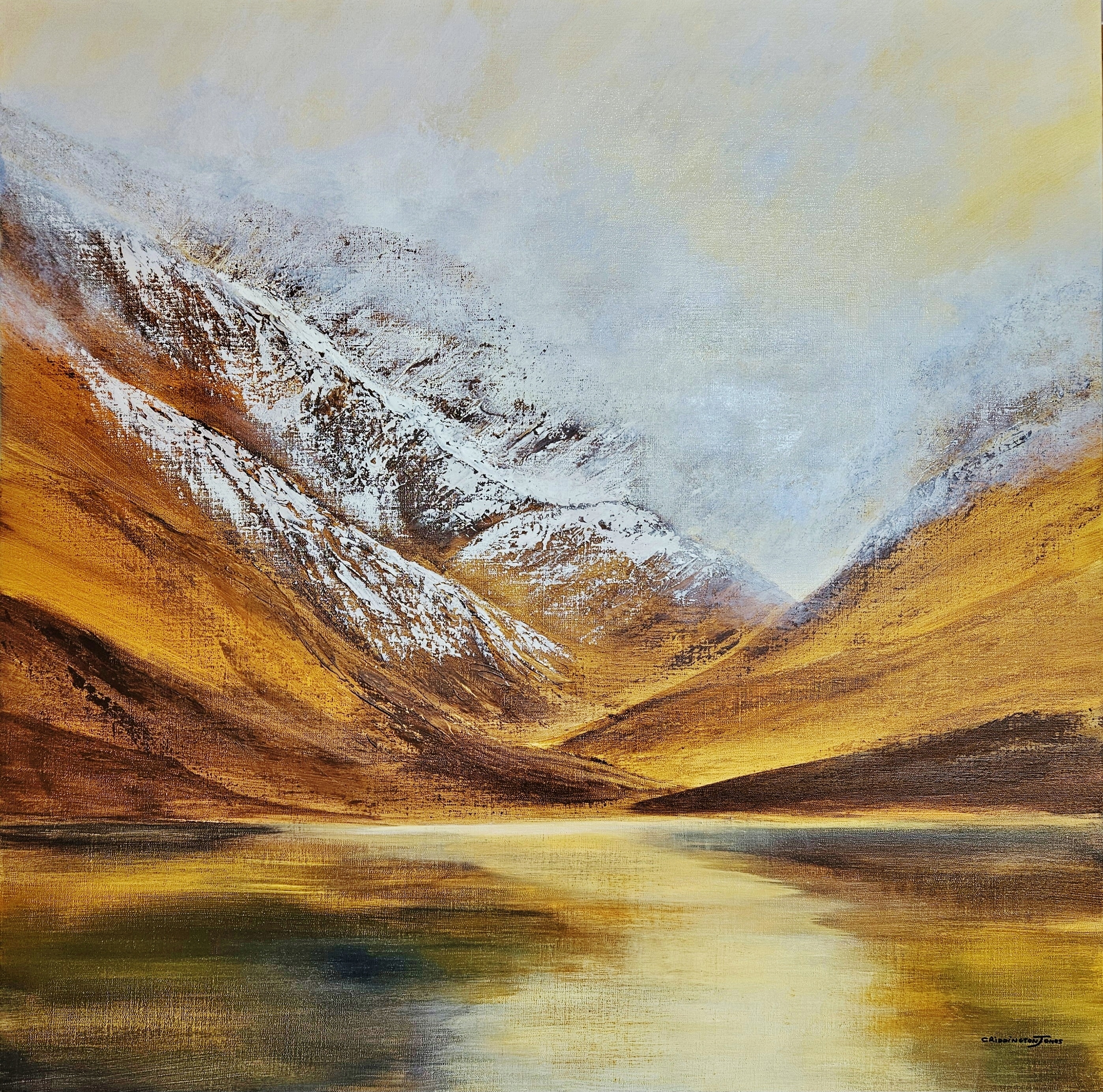 A beautiful painting of the golden autumn colours on the mountains with soft reflections and a touch of snow on the peaks by Clare Riddington Jones