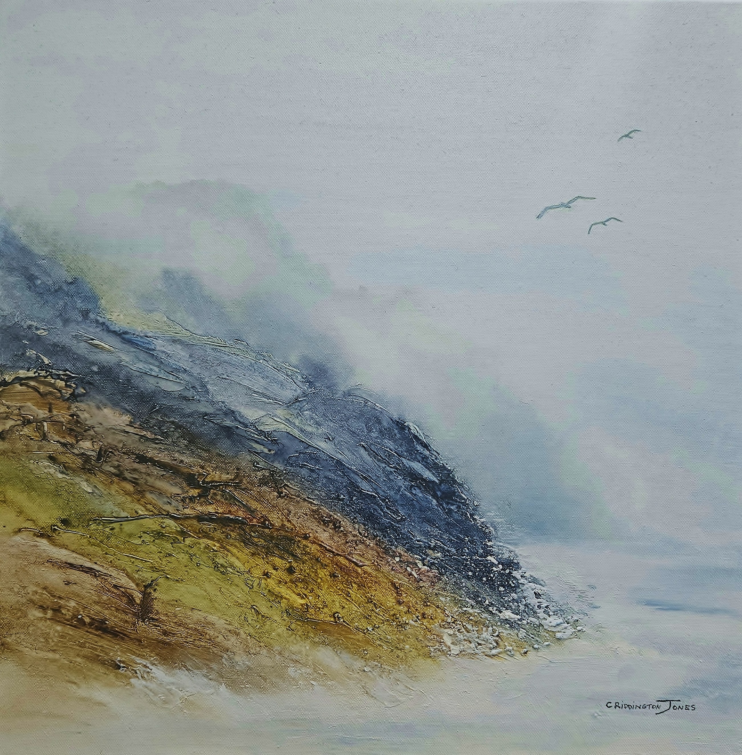 A beautiful misty seascape with a textured headland and a soft background of sea mist rolling in by Clare Riddington Jones
