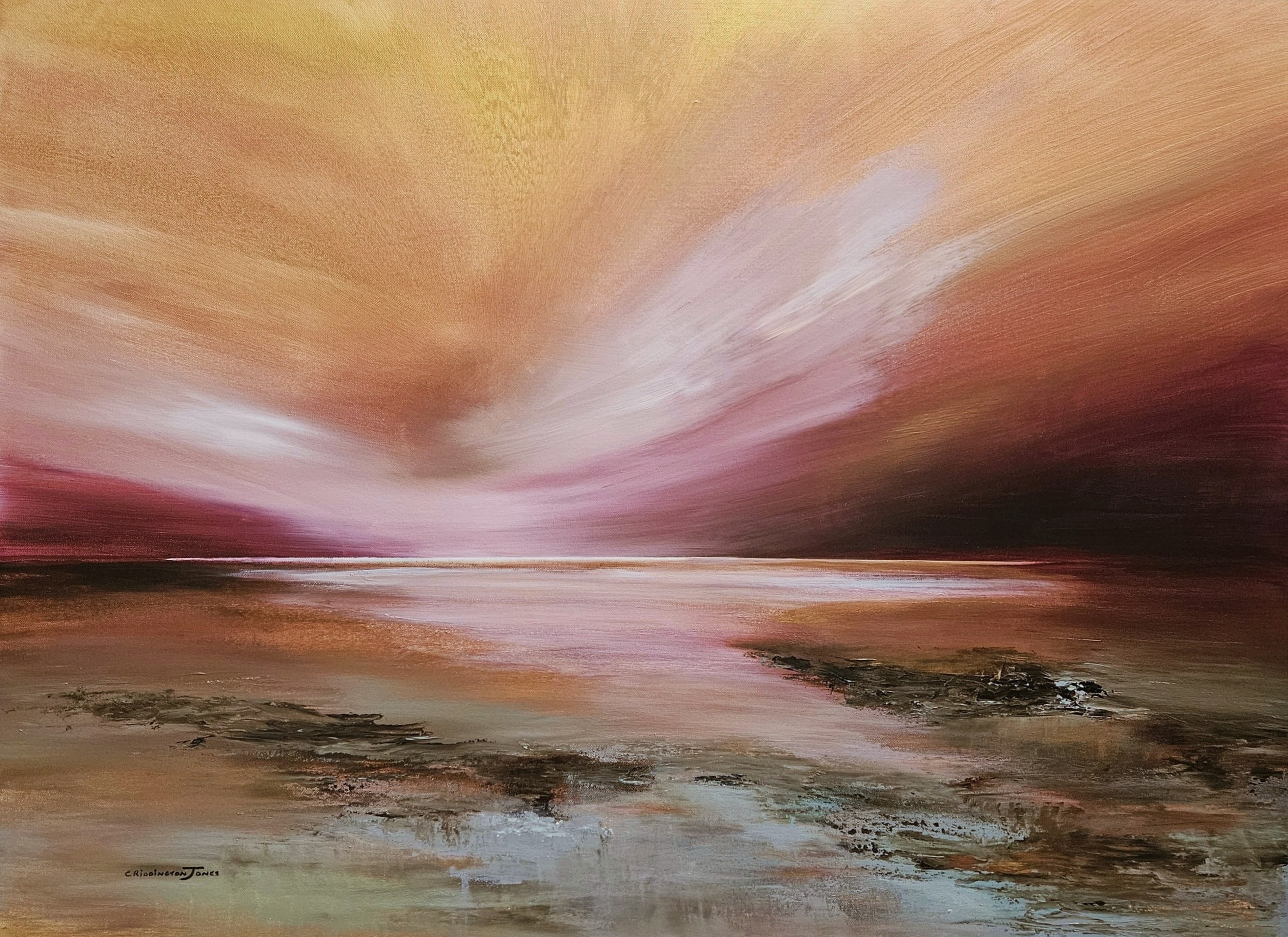 Golden painting of sunset over the ocean by Clare Riddington Jones