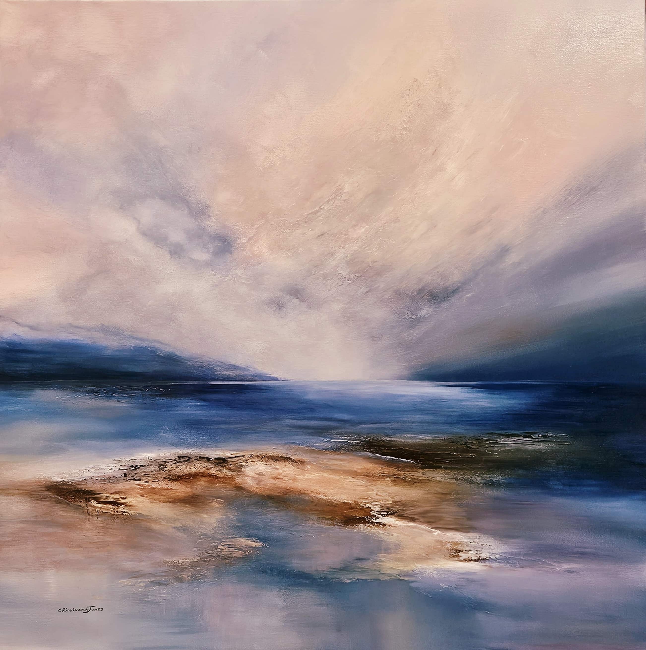 large contemporary seascape featuring a glowing sky, soft reflections, textured sand and shoreline creating depth and tranquility